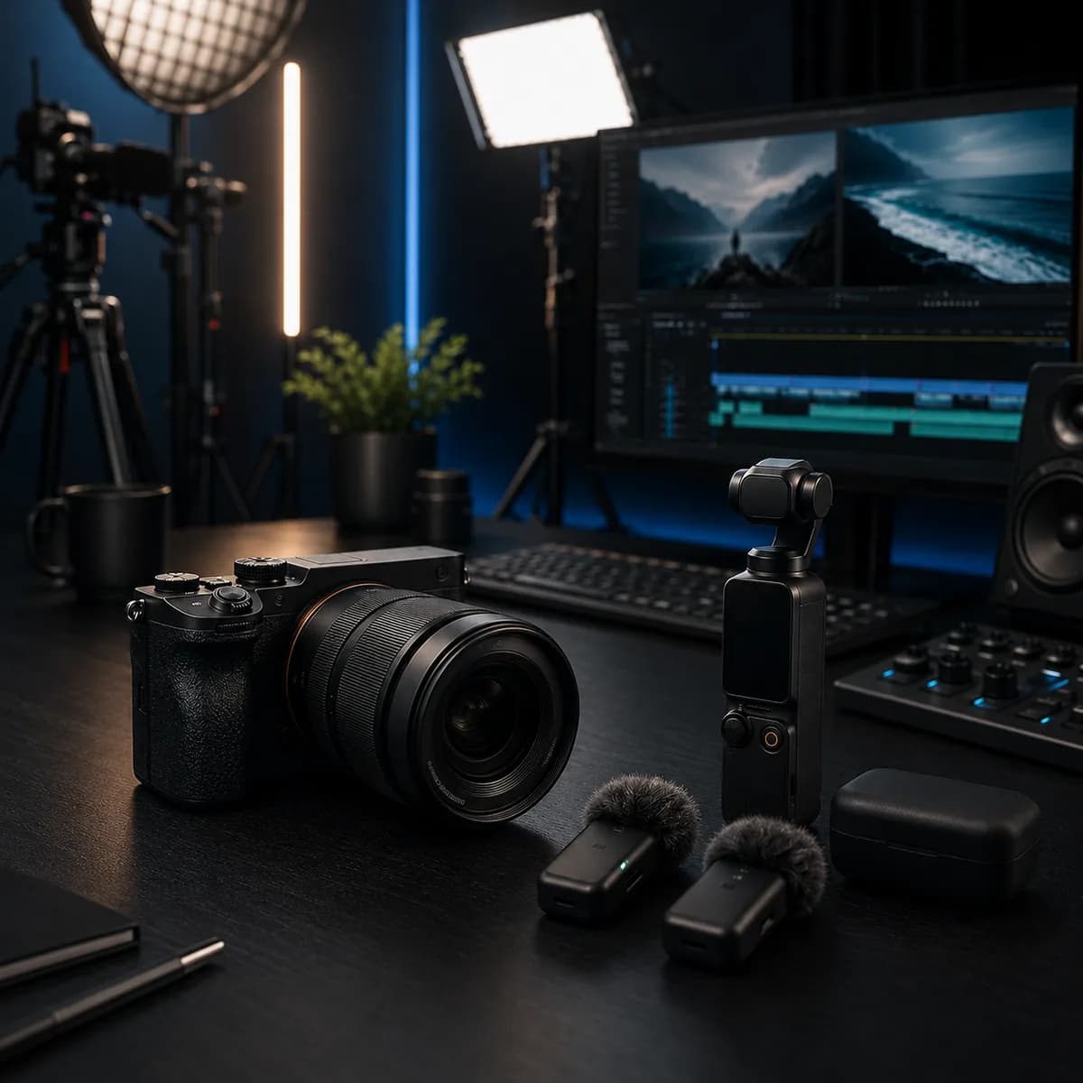 Studio-style video production and editing equipment visual for IMJ Media